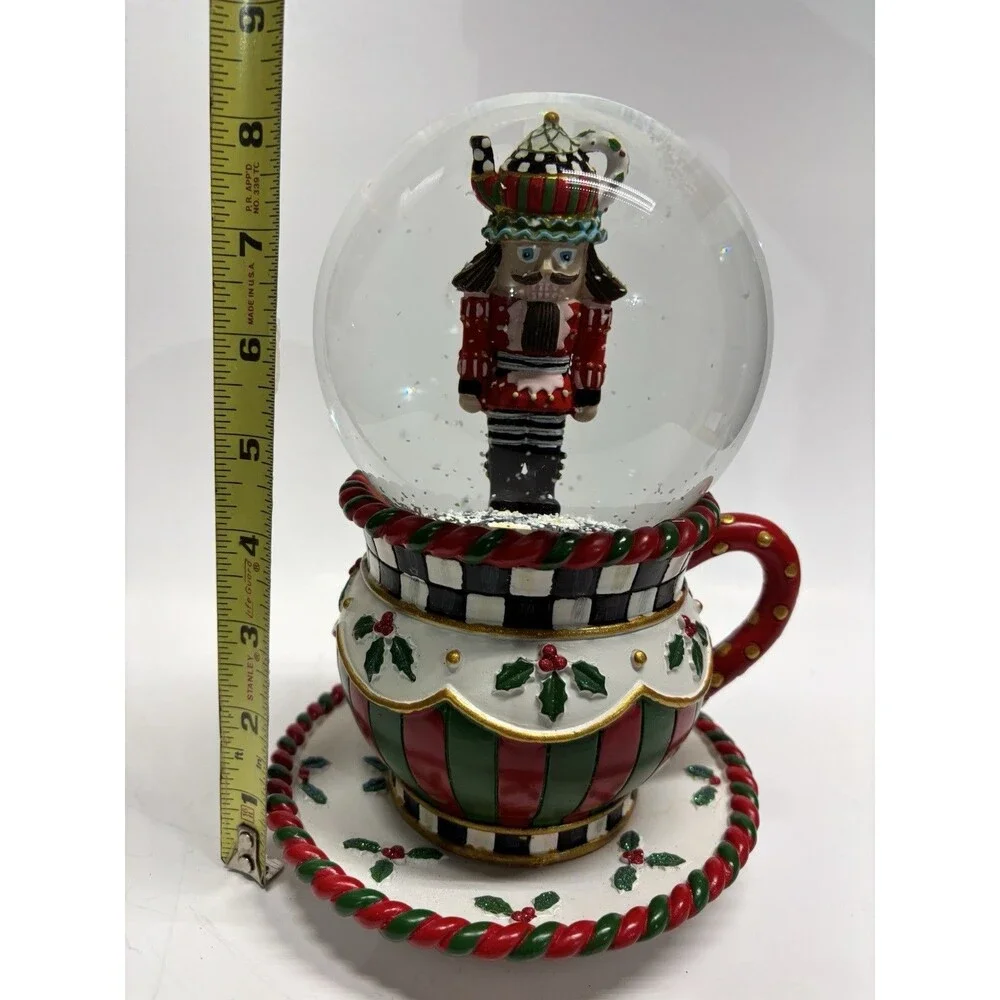 MacKenzie Childs Christmas Snow Globe Musical Tea Cup Nutcracker 8 1/2" Tall - Picture 7 of 8